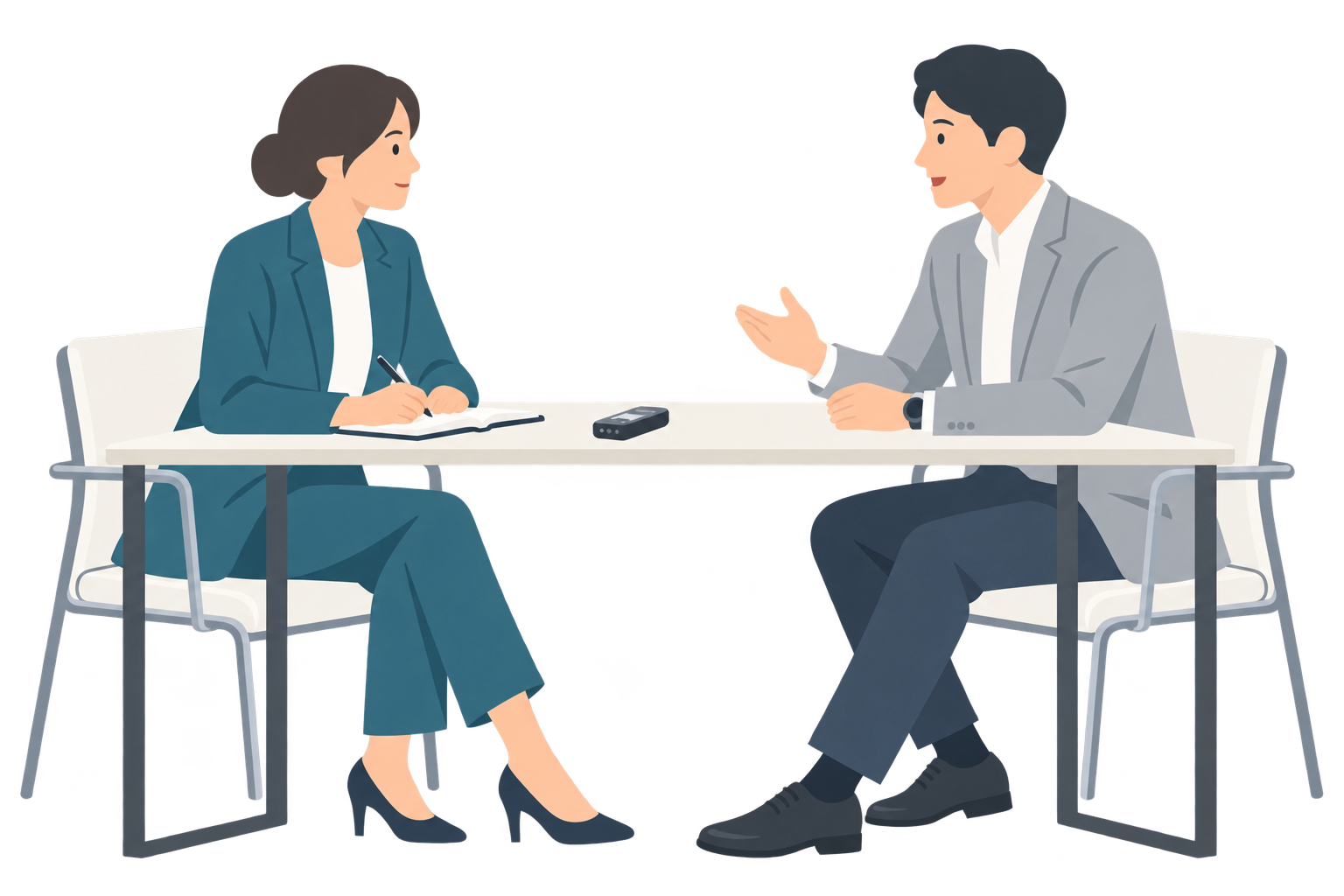 対面で顧客の話を聞き、ノートに記録する取材担当者のイラスト